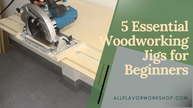 Circular saw cutting jig setup on a woodworking bench, with text overlay reading "5 Essential Woodworking Jigs for Beginners (You Can Build Now)"