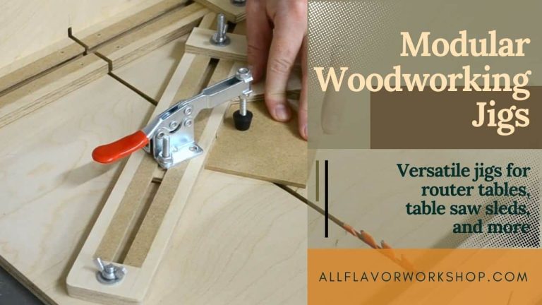 Modular woodworking jigs in a compact home workshop setup.