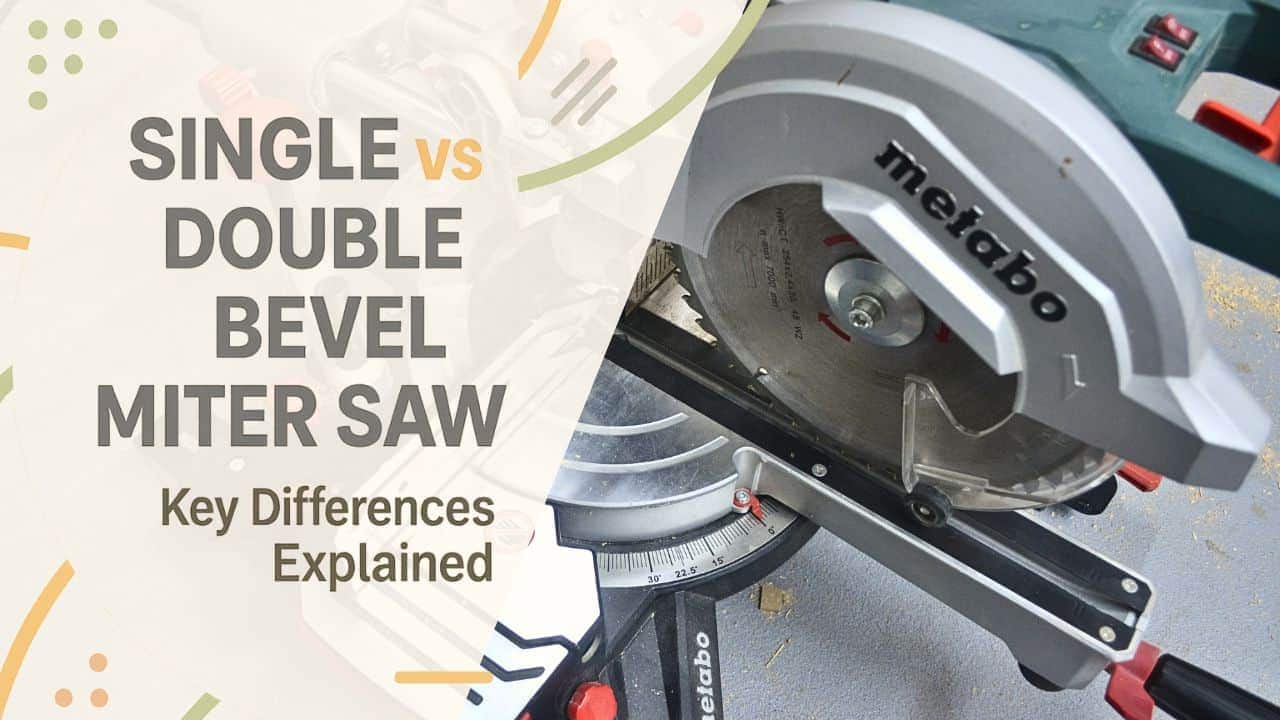 Featured image comparing single vs double bevel miter saws with icons of tilt directions and woodworking tools.