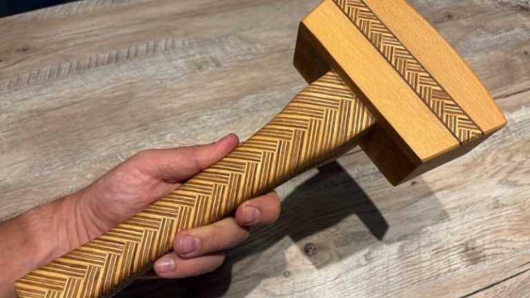 Wooden mallet with patterned plywood handle in herringbone design