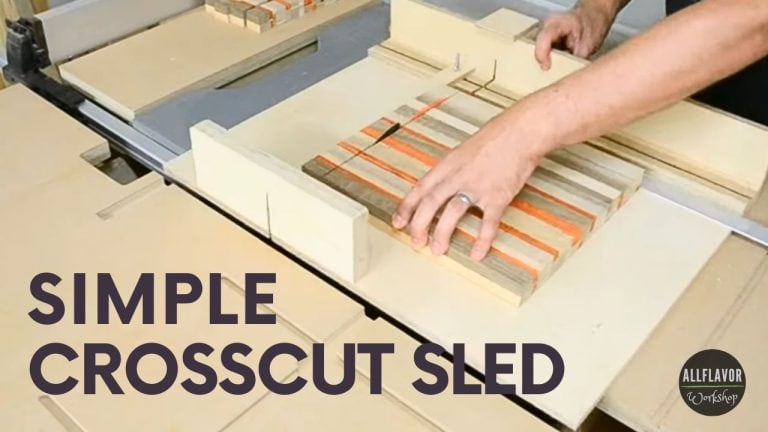DIY table saw sled with T-track fence and runners, perfect for safe and accurate crosscuts.