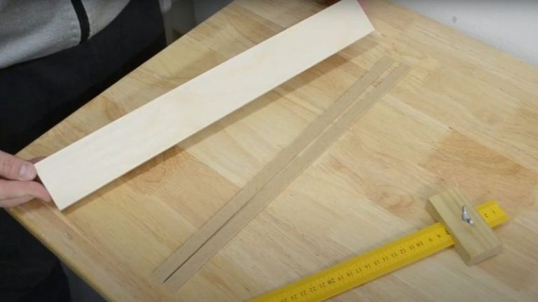 Close-up view of Baltic birch and MDF strips cut for the hexagon jig T-track