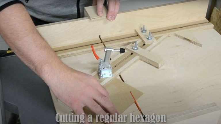 Making the first 120 degree cut on the workpiece using the table saw hexagon jig