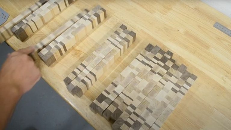 Arranging cut strips from walnut, ash, and beech panels for an ombré end grain design.