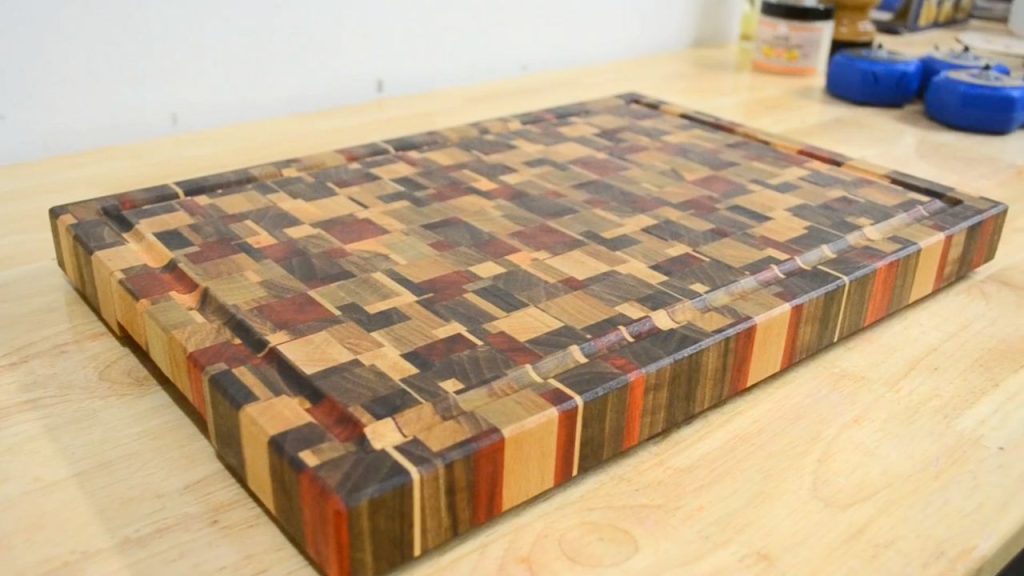 Close-up detail of the chaotic end grain pattern showing random wood arrangement and smooth finish.