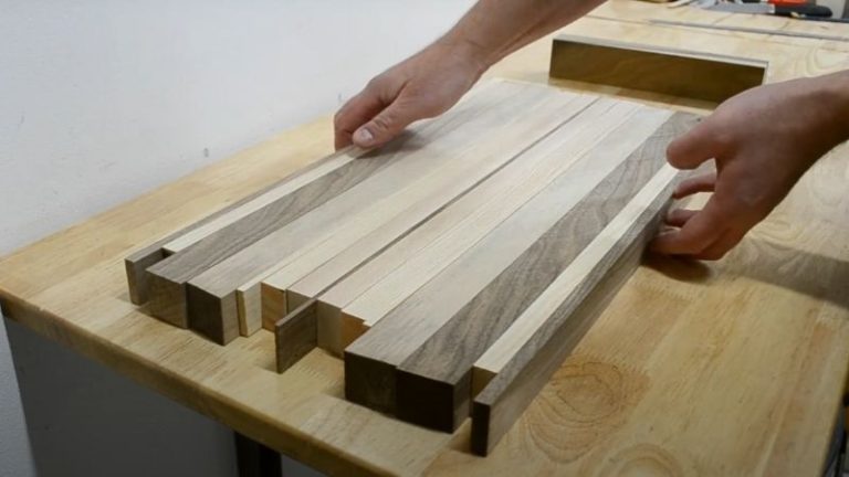 Top view of mixed walnut, ash, and beech strips before glue-up.