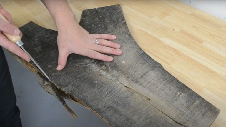 Removing bark and cleaning live edges on a walnut slab before flattening.