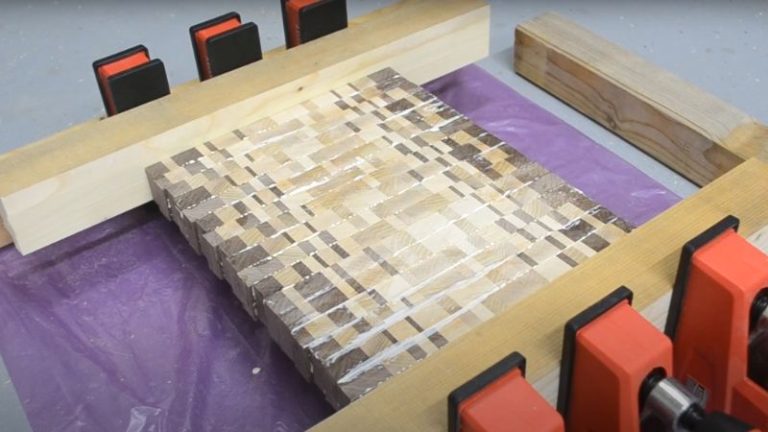 Gluing up the final end grain panel for an ombré cutting board.