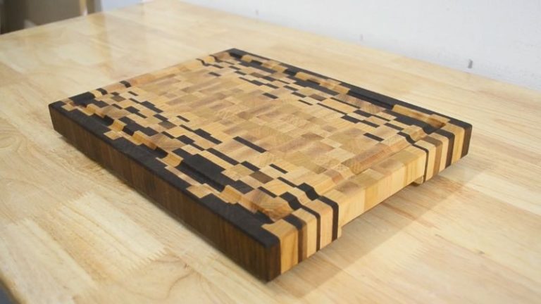 Finished ombré end grain cutting board showing a smooth color transition from walnut to beech.