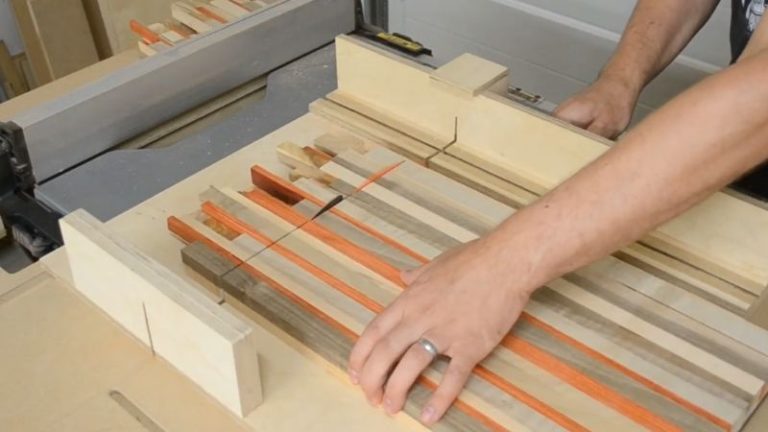 Squaring the ends of edge grain panels using a table saw sled.