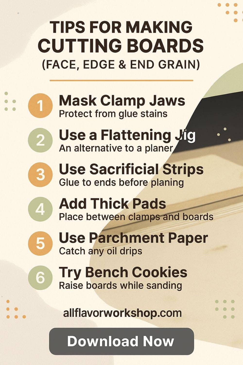 Cutting board tips for cleaner glue-ups and flatter panels — use taped cauls, a flat underlay, bench cookies, and a router flattening sled.