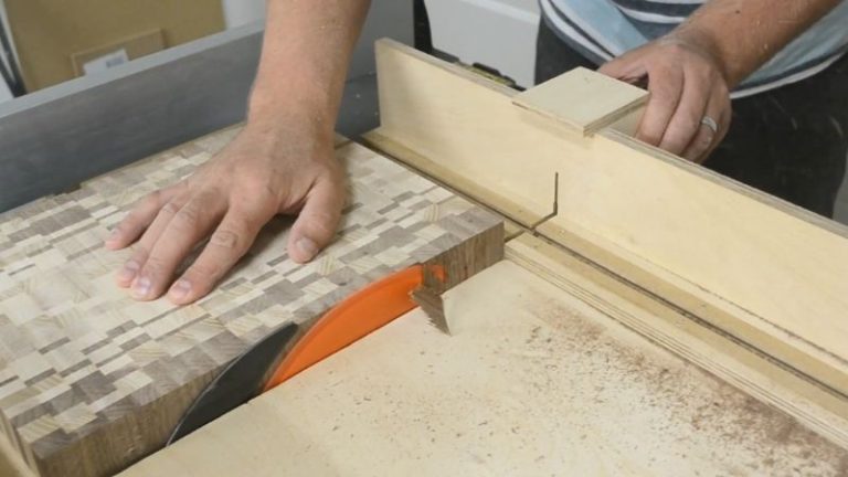 Trimming the cutting board edges straight using a table saw sled.