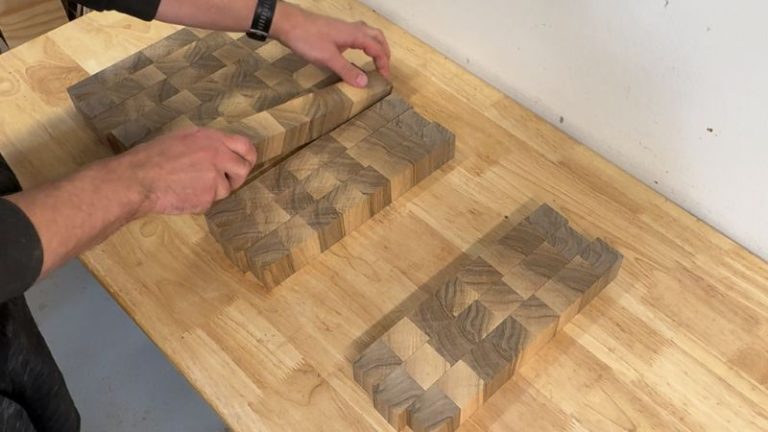 Close-up showing flipped and rotated walnut strips creating subtle changes in the end grain pattern.