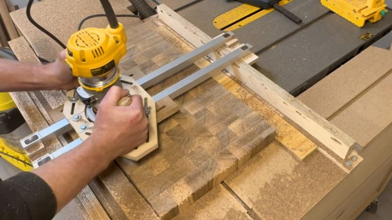 Router with flattening bit making shallow passes across the end grain cutting board.