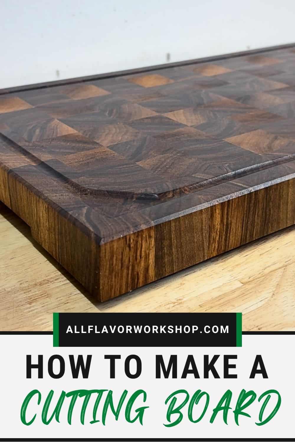 How to make an end grain cutting board — walnut board with juice groove, routed handles, and beveled edges.