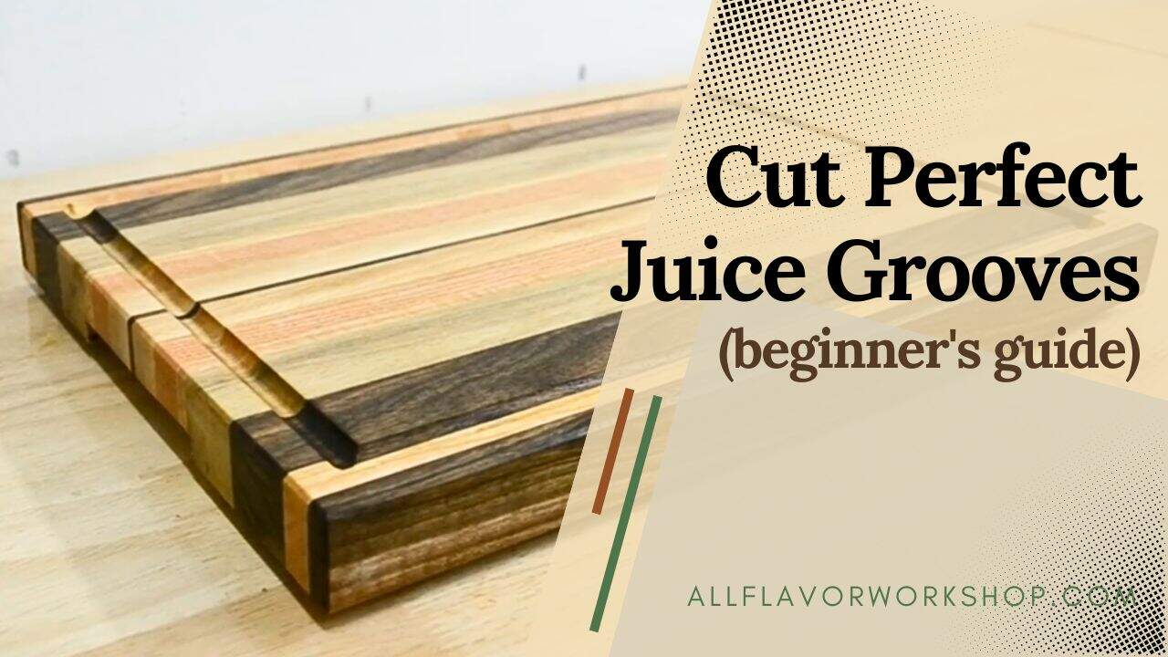 How to cut a juice groove in a cutting board with a router and jig — clean ash, beech, walnut board with a rounded groove around the edge.