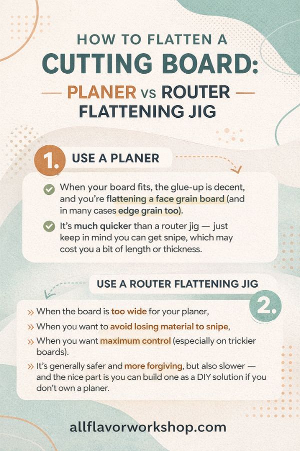How to flatten a cutting board without a planer using a router flattening jig and surfacing bit.