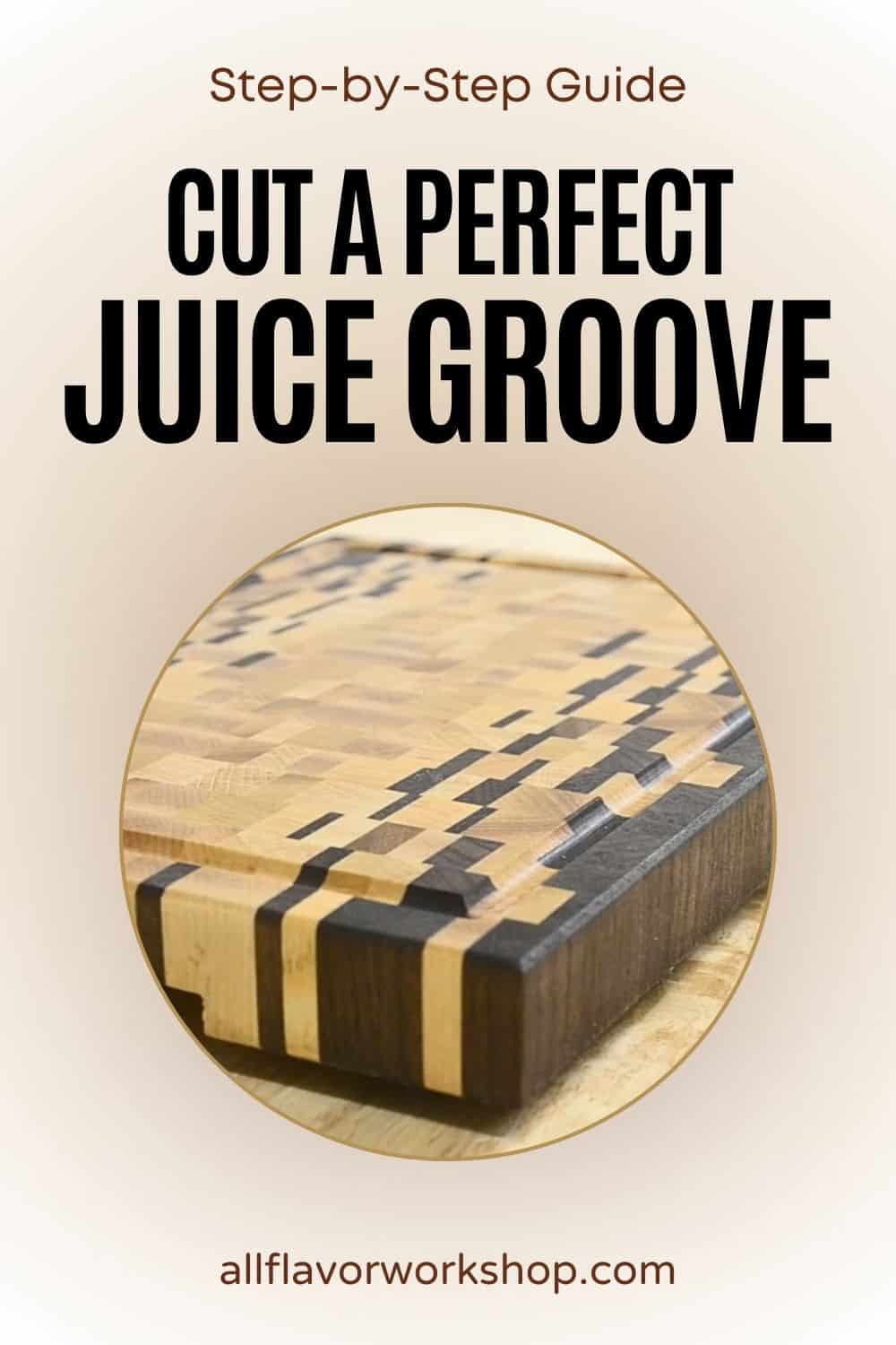 Perfect juice groove on a walnut cutting board cut with a router, core box bit, and juice groove jig.