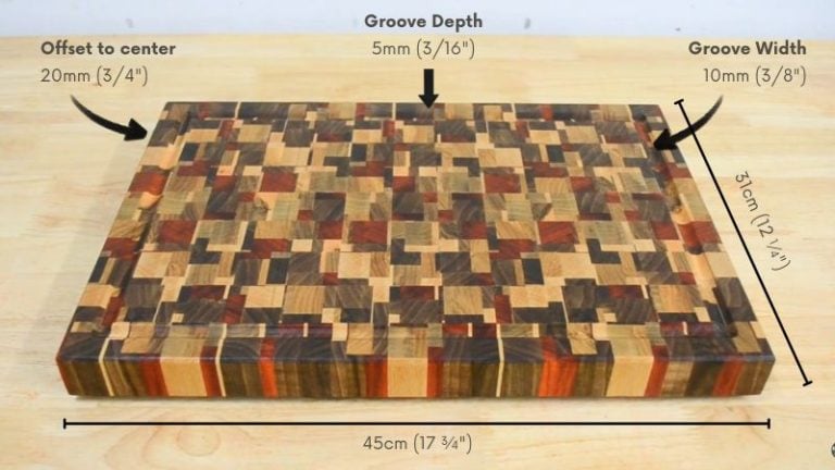 Top view and cross-section of a cutting board showing juice groove depth, width, and offset from the edge with measurement lines.