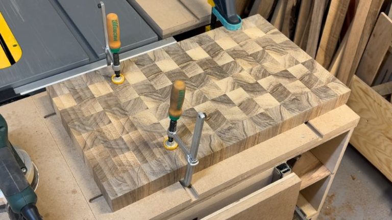 Close-up of router flattening lines on a cutting board surface before sanding and after sanding.
