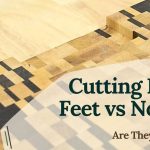 Cutting board feet vs no feet comparison showing a cutting board with rubber feet for better grip, hygiene, and airflow on a kitchen countertop.