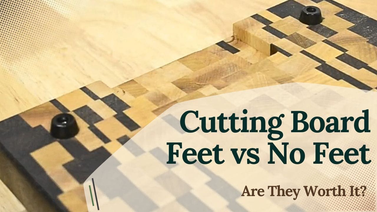Cutting board feet vs no feet comparison showing a cutting board with rubber feet for better grip, hygiene, and airflow on a kitchen countertop.