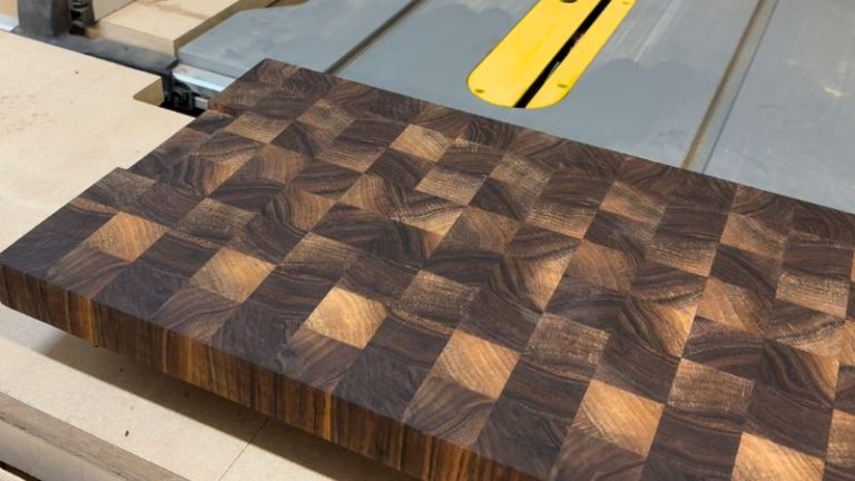 Finished cutting board flipped upside down, ready for installing rubber feet after sanding and oiling.