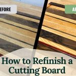 Refinish cutting board step-by-step, showing a worn cutting board restored to a like-new finish after sanding, oiling, and waxing