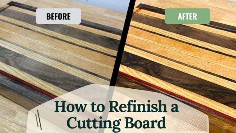 Refinish cutting board step-by-step, showing a worn cutting board restored to a like-new finish after sanding, oiling, and waxing