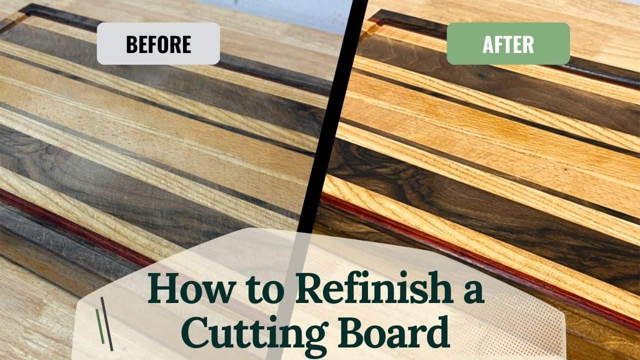 Refinish cutting board step-by-step, showing a worn cutting board restored to a like-new finish after sanding, oiling, and waxing