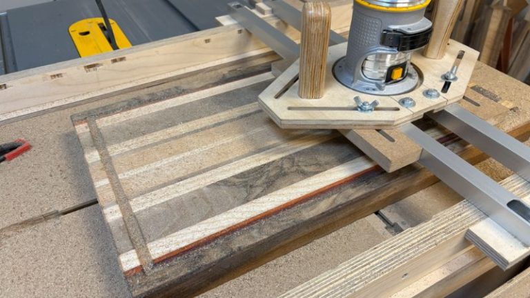 Cutting board surface after router flattening, showing light router tracks before sanding.