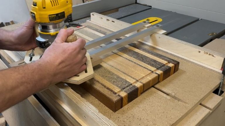 Surfacing an edge grain cutting board with a router flattening jig to remove knife marks and tear-out.