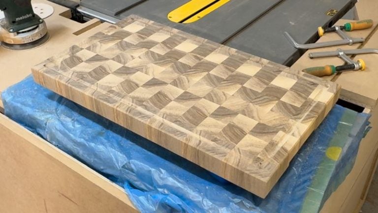 Cutting board before applying finish, sanded and ready for oiling before the wood grain and color pop.