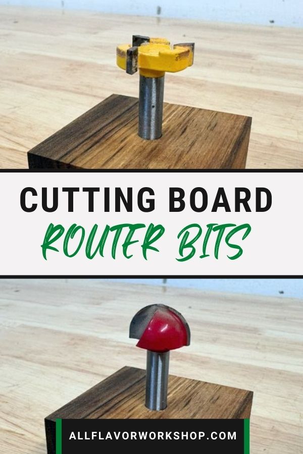 Router bits for cutting boards workflow — flatten a board with a surfacing bit in a router flattening jig, then cut a juice groove with a core box bit and finish edges with a chamfer bit.