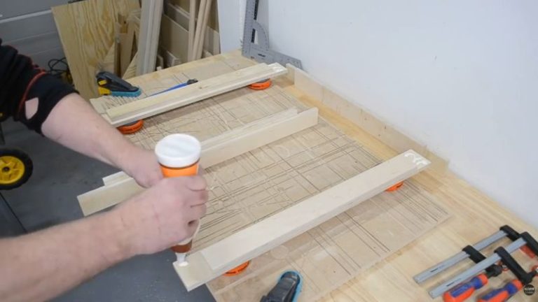 Gluing and clamping a rectangular plywood frame for a DIY planer stand.
