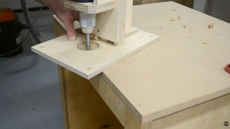 Clamping MDF tabletop panels on a rolling planer stand and predrilling mounting holes.