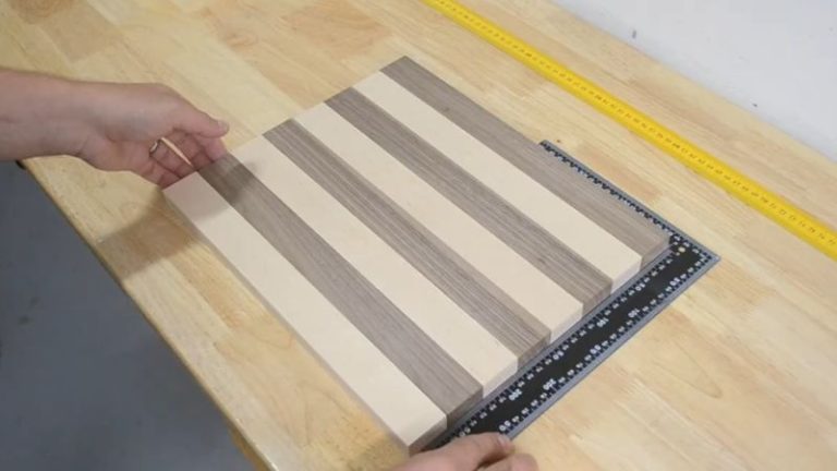 Finished set of beech and walnut strips for a wooden chess board, four of each at 36 x 350 mm.