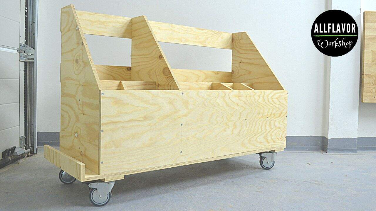 DIY lumber storage cart — rolling rack for boards and offcuts with storage boxes and heavy-duty locking casters for workshop organization.