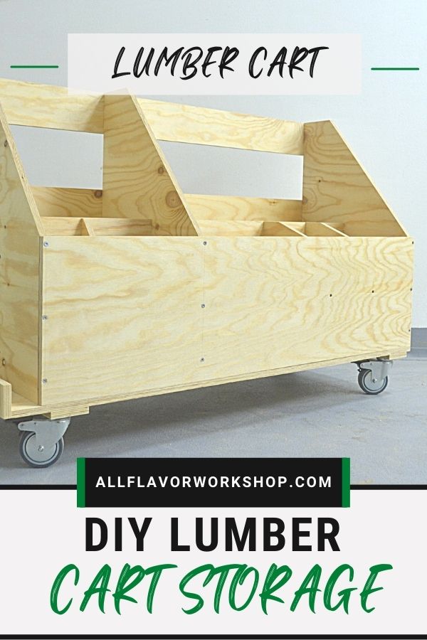 DIY lumber storage cart build with rolling rack compartments for boards and offcuts, made from pine and mounted on heavy-duty locking casters.