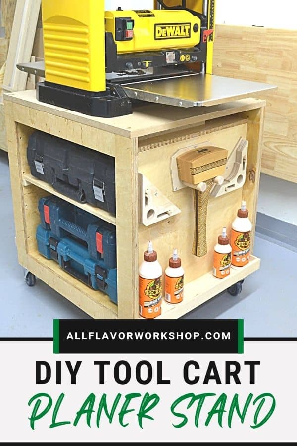 DIY planer stand with storage and locking casters built as a rolling tool cart for a benchtop planer.