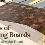 Types of cutting boards shown in different styles, patterns, and construction methods on a woodworking bench.