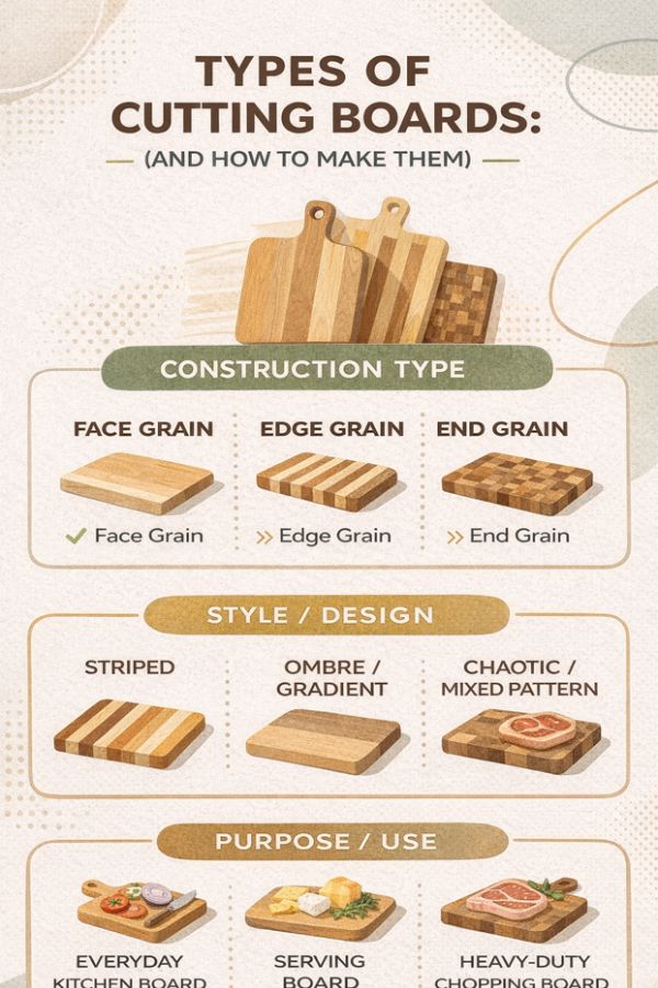 Types of cutting boards infographic showing face grain, edge grain, end grain, striped, ombre, and chaotic cutting board styles.