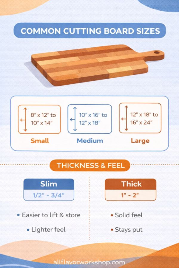 Cutting board sizes and thicknesses guide showing the best dimensions for kitchen cutting boards and layout tips.