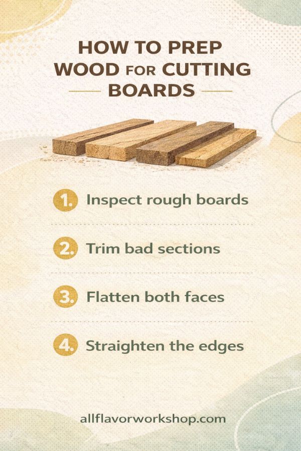 How to prep wood for cutting boards using rough lumber, planer, jointer sled, and router flattening jig.