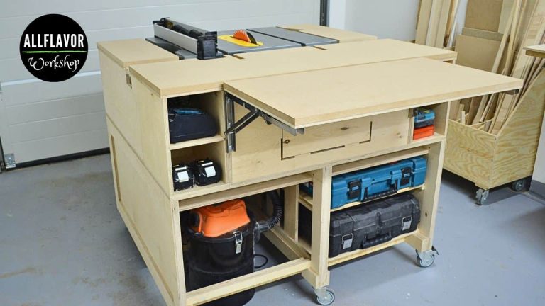 Mobile table saw workbench with storage, outfeed table, and modular design for a small workshop or garage.