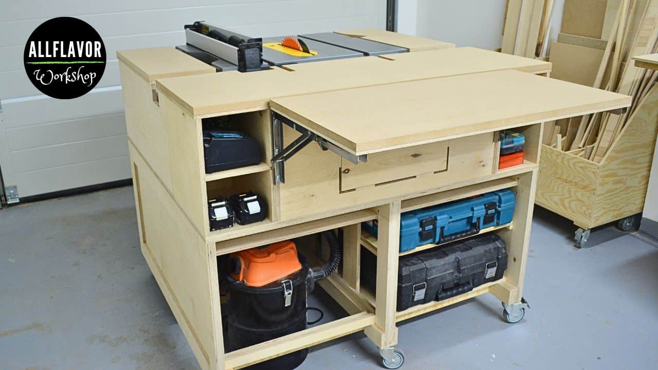 Mobile table saw workbench with storage, outfeed table, and modular design for a small workshop or garage.