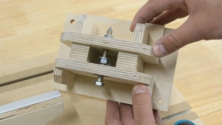 Adjustable tailstock made from Baltic birch plywood for a homemade drill-powered wood lathe.