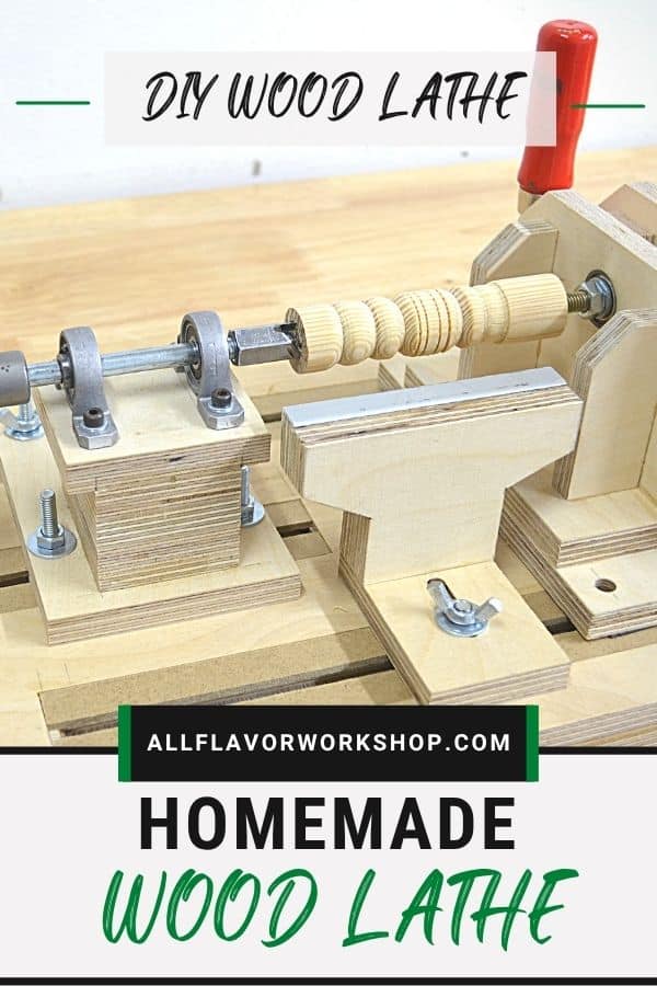 DIY wood lathe built from plywood and powered by a drill for turning small wood parts.