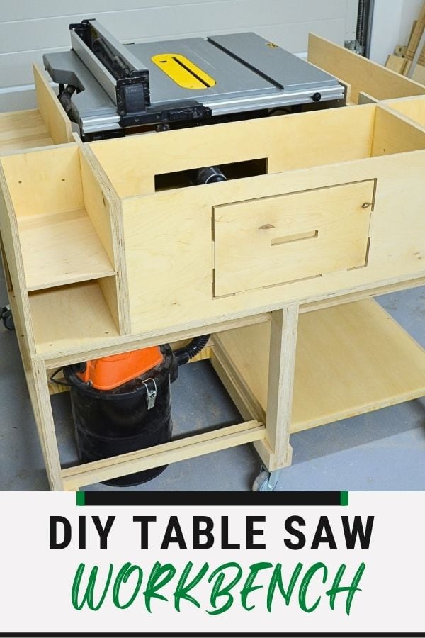DIY mobile table saw workbench with storage, outfeed table, and compact modular design for a small workshop.