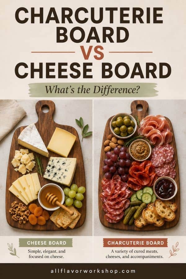 Charcuterie board vs cheese board comparison showing the difference between the two serving boards